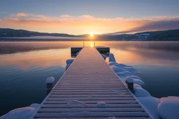 Foto op Canvas Symmetrical view of jetty on frozen lake, hills in background at sunrise © Haseeb