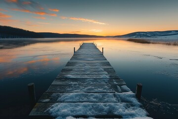 Symmetrical view of jetty on frozen lake, hills in background at sunrise - obrazy, fototapety, plakaty