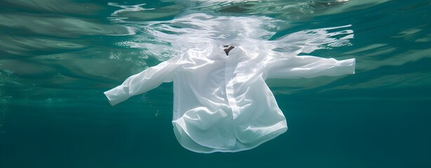 cleaning clothes washing machine or detergent liquid commercial advertisement style with floating shirt and dress underwater with bubbles