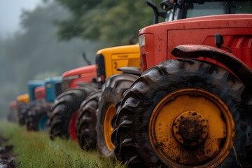 A row of tractors parked next to each other. Suitable for agricultural and farming concepts