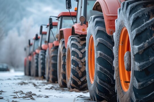 A row of tractors parked next to each other. Suitable for agricultural and farming concepts
