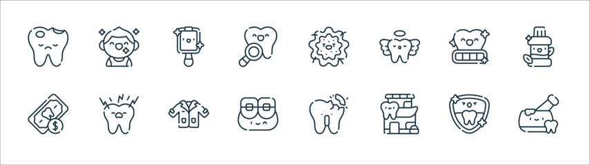dentist line icons. linear set. quality vector line set such as mortar, clinic, brackets, payment, tooth whitening, mirror, bacterium, smiling.