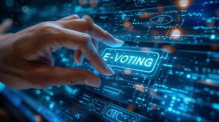 Fototapeta premium E voting concept with shining text and security holograms on dark blue background.