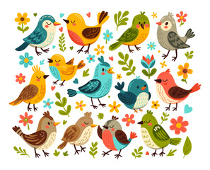 Set of spring birds. Vector cartoon illustration.