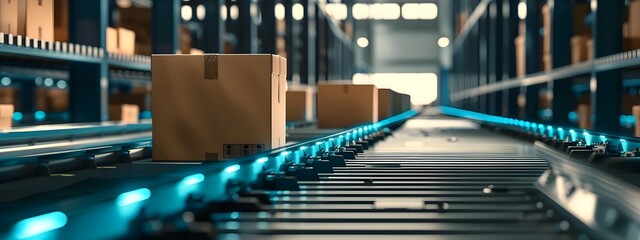 Closeup of multiple cardboard box packages seamlessly moving along a conveyor belt in a warehouse fulfillment center - obrazy, fototapety, plakaty