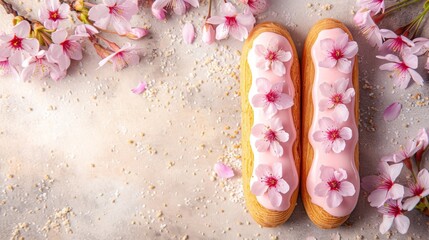 Pink frosted éclairs decorated with cherry sakura blossoms on a white surface, sprinkled with pollen grains, sakura-inspired dessert