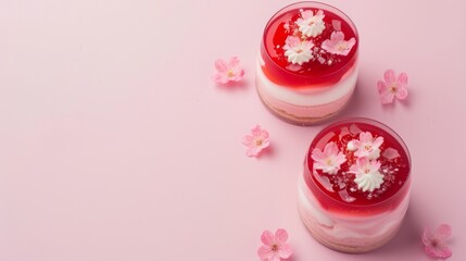 Obraz na płótnie Canvas Sakura Blancmange - two-layered sakura jelly and sakura-flavored blancmange dessert, sweet Japanese treat