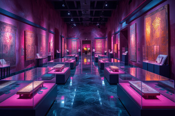 A museum exhibit lit with violet gels, accentuating the features of the displays. Concept of...