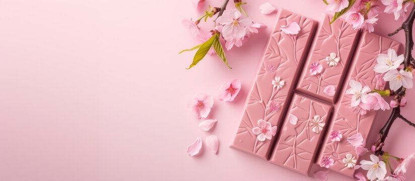 Ruby chocolate bars with cherry blossoms, creating a visually appealing and delicious treat.