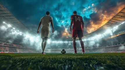 Soccer Showdown at Sunset, Two Soccer players in crowded stadium at huge tournament - obrazy, fototapety, plakaty