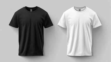 Set of realistic white and black unisex classic t-shirt with round neckline on coat hanger. Front and back view. Vector illustration collection on gray background, generative ai