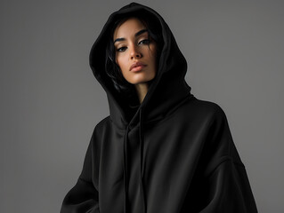 Fashionable black long hoodie mockup worn by a woman, streetwear for branding, design, commerce, front display. Indoors with dark grey walls. Created with Generative AI.