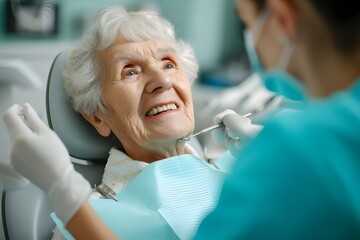 old woman with toothache talks to him, dentist during appointment at dental clinic.
