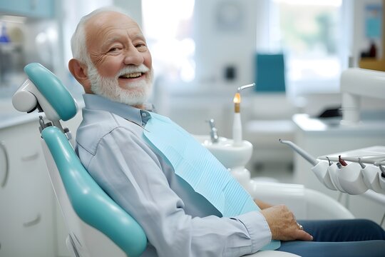 old man with toothache talks to him, dentist during appointment at dental clinic.
