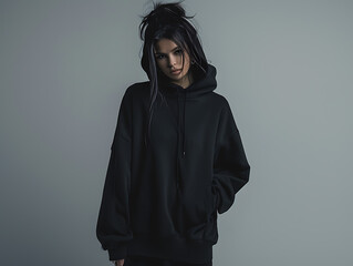 Fashionable black long hoodie mockup worn by a woman, streetwear for branding, design, commerce, front view. Indoor with steel blue colored wall. Created with Generative AI.