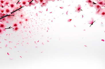 Cherry blossoms flowers and flying petals in blooming on branch on pink background. Spring and romantic Sakura, apple tree. White isolated background