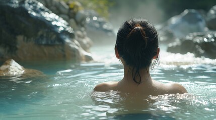 30 year old woman enjoys a natural thermal bath, with copy space