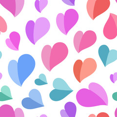 Colorful seamless vector pattern with blue, teal, violet, pink and brick-red shaded hearts on white backdrop. Attractive art texture for printing on various surfaces or use in graphic design projects.