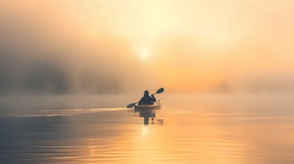 A solitary kayaker navigating through a mist-covered lake at sunrise, creating a serene and tranquil atmosphere - obrazy, fototapety, plakaty