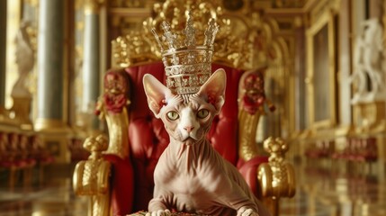 A majestic Sphynx cat wearing a jeweled crown and necklace sits on a luxurious red and gold throne.