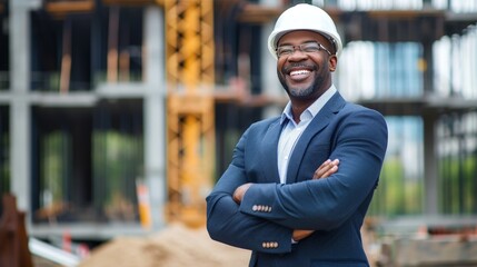 black contractor in construction standing in front of building - obrazy, fototapety, plakaty
