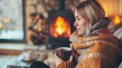 A tranquil woman wrapped in a warm blanket sips coffee by a snowy window with a fireplace glow, winter getaway