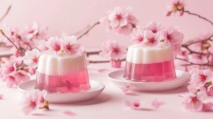 Fototapeta na wymiar Sakura Blancmange - two-layered sakura jelly and sakura-flavored blancmange dessert, sweet Japanese treat