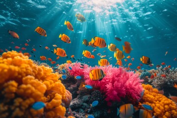 An underwater scene showing a vibrant coral reef, with colorful fish and marine life