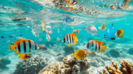 An underwater snapshot capturing the mesmerizing dance of colorful tropical fish amidst a coral reef in clear, turquoise ocean waters