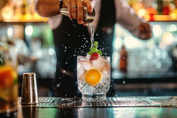 A person expertly pours a vibrant cocktail into a sleek glass, garnishing it with a burst of juicy fruit, creating a tempting and sophisticated drink in a cozy indoor bar setting