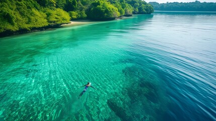 Crystal-clear blue waters with a lone swimmer gliding through serene ripples, surrounded by lush greenery on the horizon