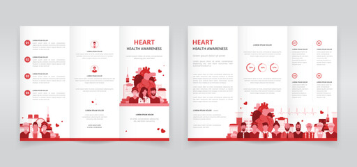 Trifold brochure, pamphlet or triptych leaflet template ideal for american heart month or world heart day or any other cardiovascular health awareness programs - obrazy, fototapety, plakaty