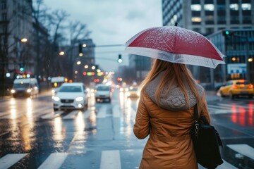 A stylish woman gracefully navigates a rainy city street, her red umbrella protecting her from the downpour while cars and buildings blur in the background