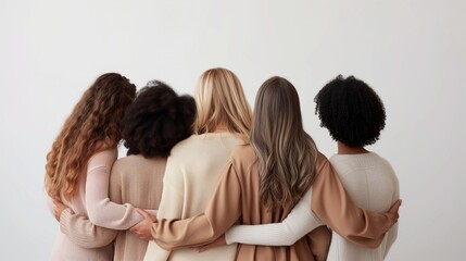 group of women of different ethnicities hugging each other. woman international day