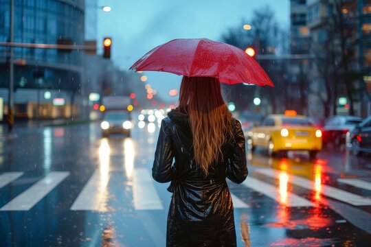A stylish woman braves the rainy city streets, her red umbrella a striking accessory against the wet night backdrop