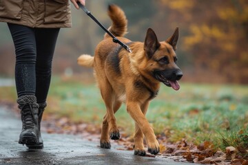 A german shepherd stands tall on a leash, its loyal owner by its side, walking proudly on the lush green grass, showcasing the perfect harmony between human and pet - Powered by Adobe