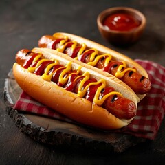 Indulge in the ultimate american comfort food with these two perfectly grilled hot dogs, slathered in mustard and ketchup and nestled between a soft, warm bun - a mouthwatering snack that's sure to s