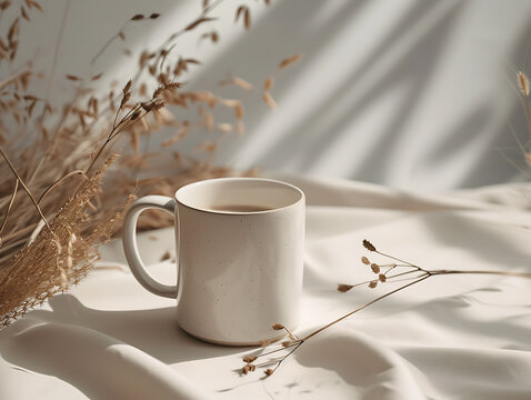 3d Realistic Mug Mockup in white color on cream-colored fabric with flower decoration beside the mug. Set in an aesthetic-themed room. Aesthetic mug mockup. Created with Generative AI.