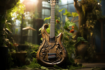 A musical instrument with plant vines growing around it, showing harmony between nature and music. Concept of natural harmony. Generative Ai.
