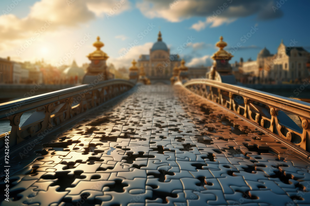 Poster a bridge made of puzzle pieces, denoting the connection of different ideas and solutions. concept of