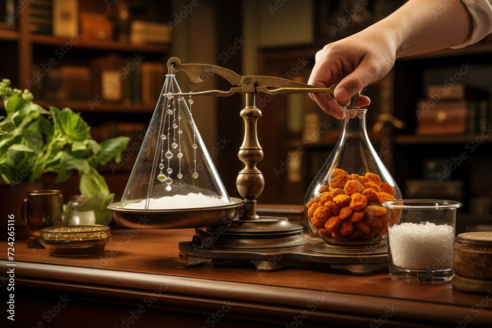 Poster a pharmacist weighing ingredients on an old-fashioned scale, representing the precision in medicatio