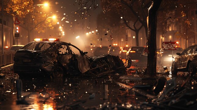 Nighttime City Street Tragedy  A Severe Road Accident Aftermath