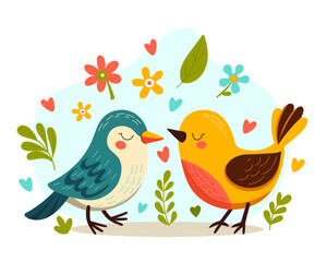 Cute spring birds. Vector cartoon illustration.