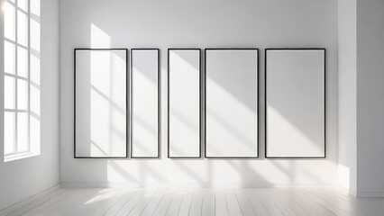 Empty vertical frames in a sunny room against a white wall. Minimalist style art space mockup.Soft day light. AI generated.