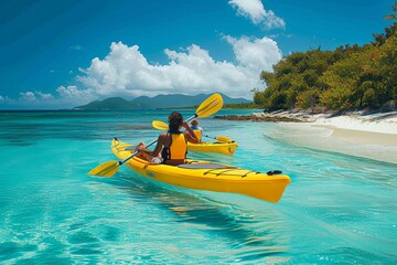 Amidst the vastness of the sea, two adventurers glide on a bright yellow kayak, surrounded by endless blue and white, experiencing the freedom and thrill of boating in the great outdoors