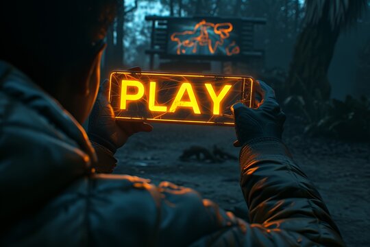 Futuristic interactive holographic play icon shining over mobile phone in hands concept