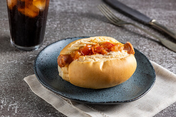 Homemade hot dog with grilled sausage, tomato sauce and straw potatoes.