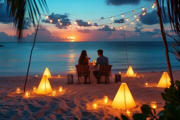 As the sky painted a vibrant sunset, a man and woman sat at a candlelit table on the beach, their love illuminated by the soft glow as the waves crashed against the shore