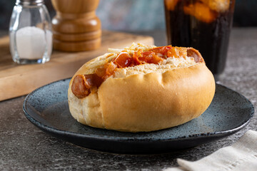 Homemade hot dog with grilled sausage, tomato sauce and straw potatoes.