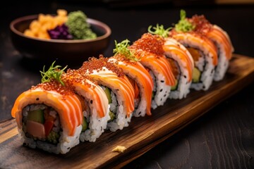 delicious sushi platter with vibrant bokeh lights, Generative AI